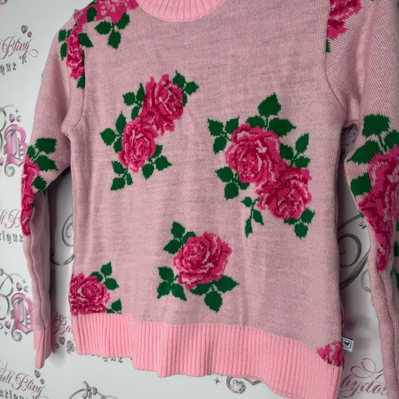 612 league sweater roses knit wool pink green luxe crew neck pull over flowers - Picture 4 of 11
